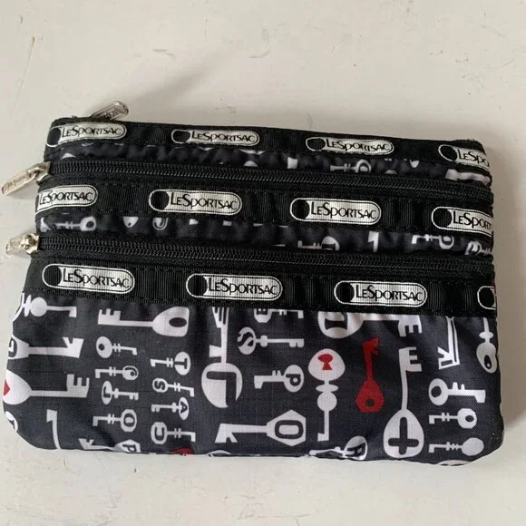 LESPORTSAC 2 SMALL BAGS POUCHES COSMETIC BAGS BLACK KEY PATTERN - Picture 2 of 10